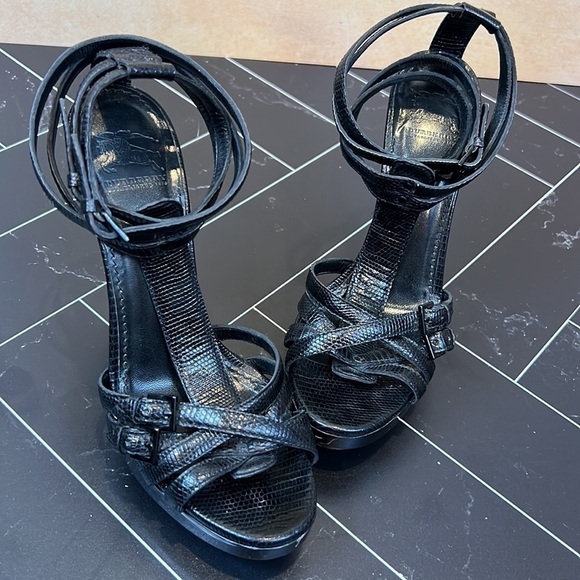 Burberry Lizard T-Strap Sandals Stiletto Heels with Platform Multistrap & Buckle - Picture 8 of 9